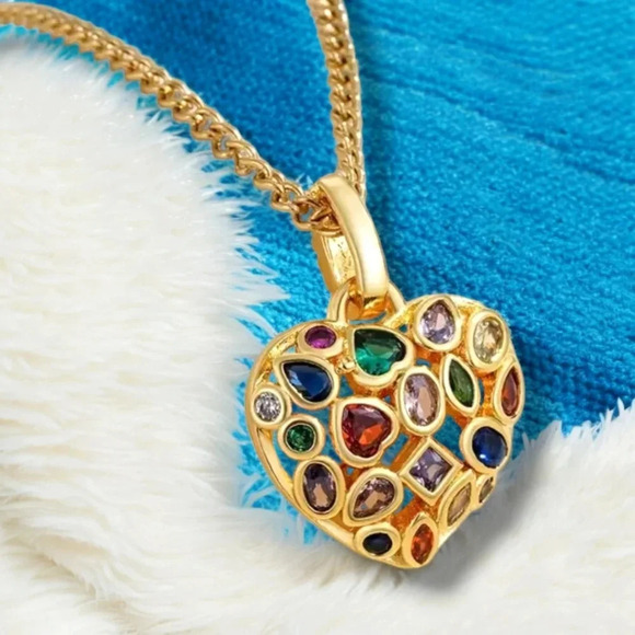 NKULTD Jewelry - 🆕️18K Gold Plated Rhinestone Heart Charm Necklace - Colorful Statement Piece✨